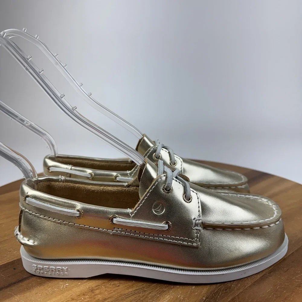 New Big Kids Sperry Top-Sider Authentic Original Gold Metallic Boat Shoes Size 2